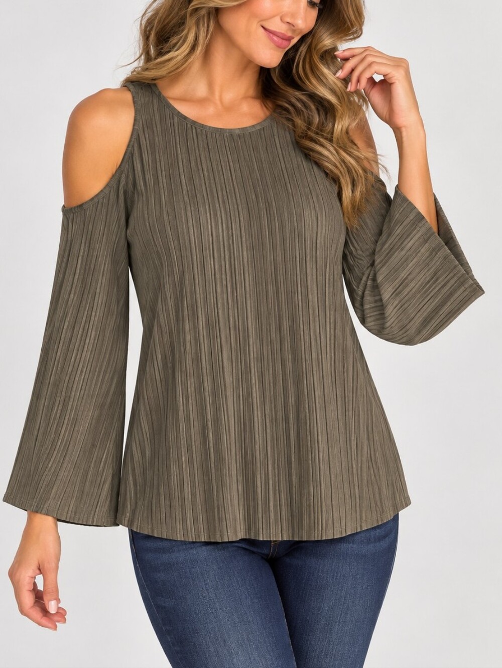 CHICO'S | Women’s Olive Green Faux Suede Cold-Shoulder Top Size M